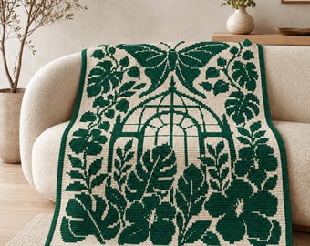 Patrón de manta de ganchillo con mosaico superpuesto de polilla botánica para invernadero en PDF, gráfico de manta afgana de polilla luna, manta floral estilo cottagecore