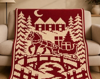 Paseo navideño en trineo: Patrón de manta de ganchillo con mosaico superpuesto tirado por caballos (PDF, diagrama y filas escritas)