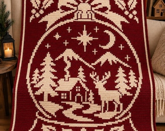 Patrón de ganchillo PDF para mosaico superpuesto de bola de nieve invernal / Patrón de manta navideña / Manta festiva / Gráfico de ganchillo de dos colores