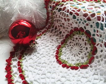 Holiday Doily - Red Lime Green White Lace Decor - Large Star and Cluster, 10", Egyptian Cotton - Christmas Centerpiece Gift