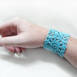 Aqua Lace Bracelet - Crochet Flower Motif - Blue Egyptian Cotton - Cuff Feminine Retro Granny Square Hippie Boho Spring
