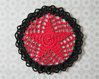 Red and Black, Round Mini Doily - Rock Star - Handmade Crochet, 4", Egyptian Cotton - Teen Tween Modern Room Decor