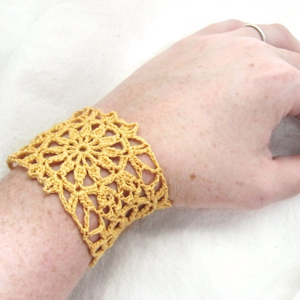 Yellow Lace Cuff Bracelet - Flower Crochet Motif, Egyptian Cotton - Retro Granny Square Hippie Boho Fashion Fall Summe