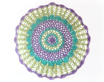 Lime Teal Purple Round Doily - Neon Peacock - Green Blue Violet, 9", Cotton - Lace, Housewarming Gift, Home Decor, Modern