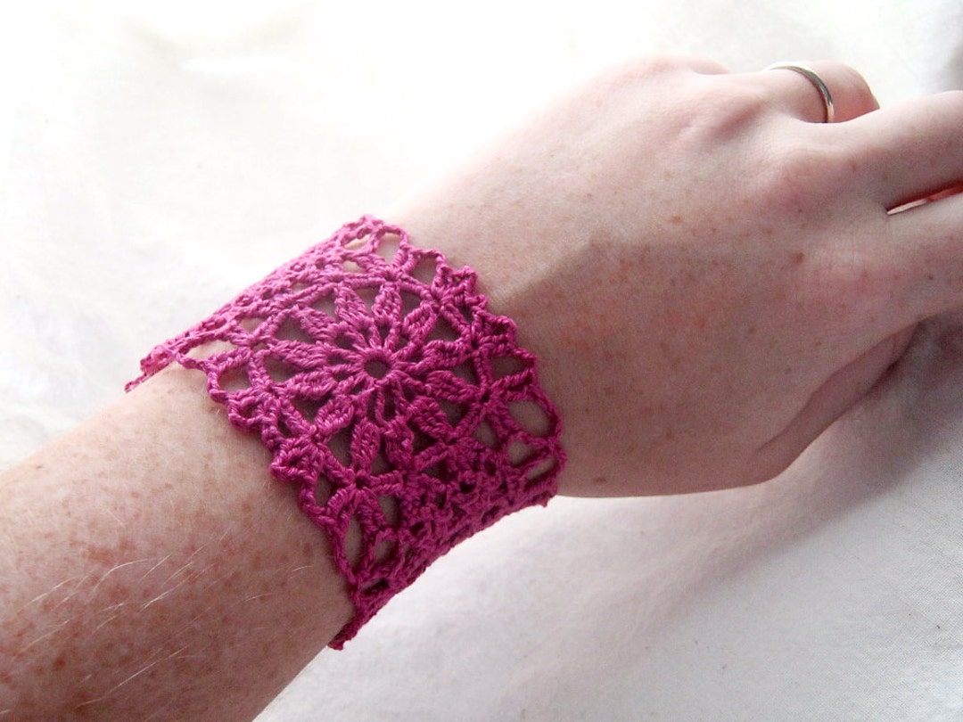Pink Flower Motif Cuff Bracelet Magenta Egyptian Cotton 