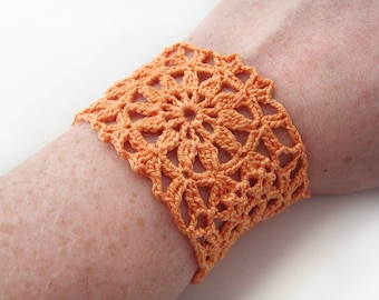 Orange Flower Motif Cuff Bracelet - Bright Tangerine Egyptian Cotton - Retro Lace Granny Square