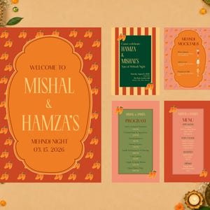 Mango Mehndi Wedding Stationery Bundle | Henna night Invitation Suite | Welcome Sign, Menu, Program & Drink Sign | Digital Download