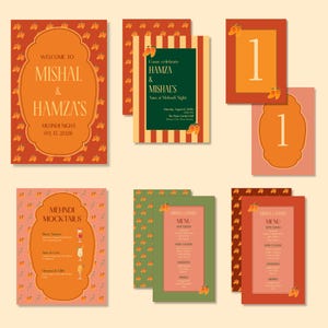 May include: A collection of wedding stationery featuring orange, red, and green mango patterns. The set includes a welcome sign, invitation, table numbers, and menus with text detailing the event for Mishal and Hamza on August 15, 2026.