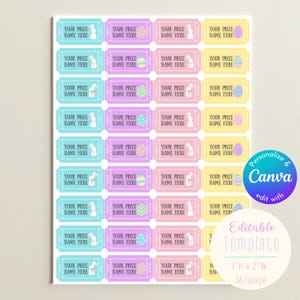 May include: Sheet of Easter-themed prize labels with pastel colors. Each label has the text "YOUR PRIZE NAME HERE" and features Easter eggs and bunnies. The template is 1"H x 2"W, with 36 labels per page. The Canva logo is visible.