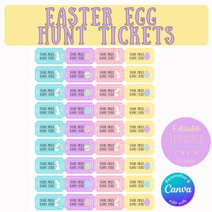 Op de afbeelding: Kleurrijke paaseierenjacht tickets met de tekst "Easter Egg Hunt Tickets". Elk ticket heeft ruimte voor een prijsnaam en bevat paas-thema afbeeldingen. De sjabloon is 5,08 cm breed en 2,54 cm hoog, met 36 tickets per pagina.