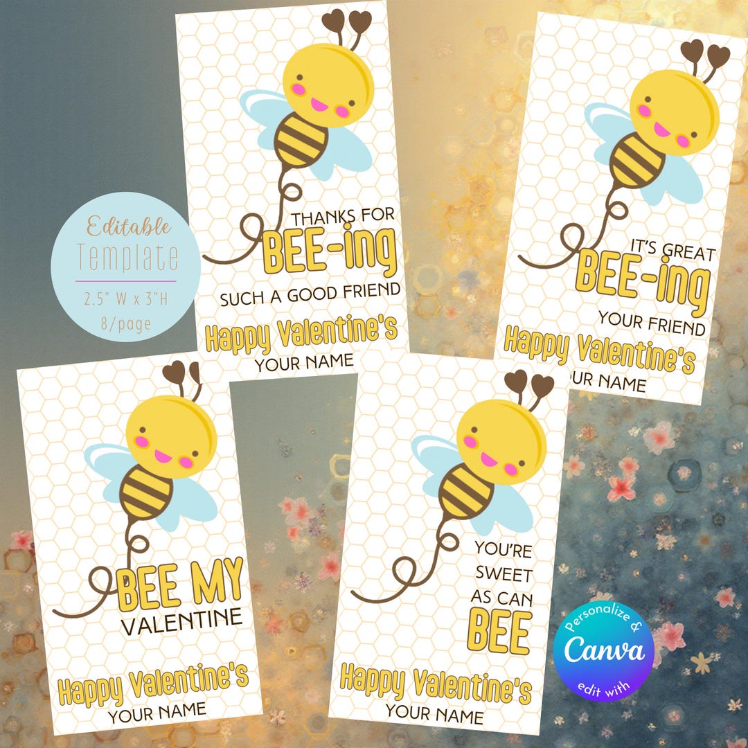 Bee Themed Valentines Printable Gift Tag Canva Template for Valentine ...