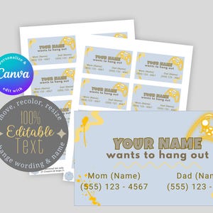 May include: Light blue gaming-themed business cards with the text "YOUR NAME wants to hang out" and a yellow game controller graphic. Includes space for Mom and Dad's names and phone numbers. Editable text and Canva integration.