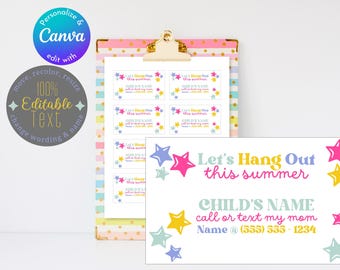 Kids Keep In Touch Business Contact Cards Play Date Summer Playdate End Of School Year Friends Canva Editable Template Customize