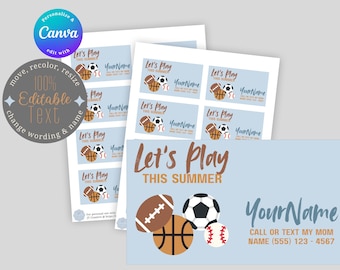 Tarjetas de contacto para niños Manténgase en contacto Cita para jugar Fin de verano Año escolar Amigos Plantilla editable de Canva Deportes Fútbol Béisbol Fútbol