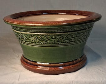 Vintage Majolica Style Ceramic Planter, Green Brown Drip Glaze Jardiniere, Arts Crafts Cachepot