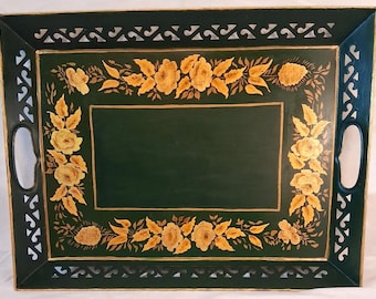 Vintage Toleware Painted Reticulated Green Metal Tray with Floral Gold Trim 16”