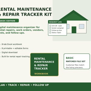 May include: A digital rental maintenance and repair tracker kit. The image includes a green and white house illustration, a request log, and a workbook. The text reads "Rental Maintenance & Repair Tracker Kit" and "Basic Edition".