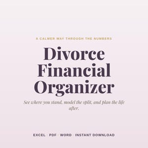 May include: A digital document titled Divorce Financial Organizer with the subtitle A calmer way through the numbers. It includes the text See where you stand, model the split, and plan the life after, plus EXCEL, PDF, WORD, INSTANT DOWNLOAD.