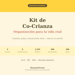 May include: A digital product advertisement with a yellow and cream color scheme. The text reads "Kit de Co-Crianza" and "Organización para la vida real." Includes information on files, Excel tabs, formulas, calendar days, and expenses. The product is from BananaNirvana.