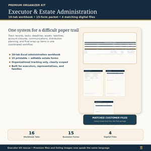 May include: A digital organizer kit titled "Executor & Estate Administration." The image displays a workbook, forms, and digital files. Text includes "16-tab workbook," "15-form packet," and "4 matching digital files." The kit helps track records, tasks, and deadlines.