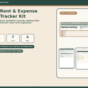 May include: A digital Rent & Expense Tracker Kit featuring 7 tabs, 7 forms, and 4 files. The layout includes text stating Core landlord records without the heavier year-end organizer, Essential tracking for rent, expenses, and maintenance, and Digital download Excel + PDF + DOCX. Real file previews are displayed on the right.