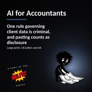 May include: A black background graphic titled AI for Accountants. Text reads: One rule governing client data is criminal, and pasting counts as disclosure. Large print. US Letter and A4. A cartoon figure looks at papers, with a HELP!!! series logo.