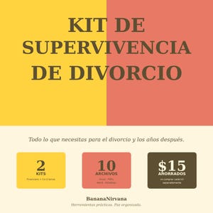 May include: A graphic with text in Spanish, "KIT DE SUPERVIVENCIA DE DIVORCIO" on a yellow and coral background. Below, it says "Todo lo que necesitas para el divorcio y los años después." There are three boxes with the numbers 2, 10, and 15, and the text "KITS", "ARCHIVOS", and "AHORRADOS".