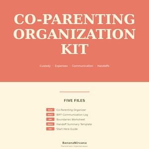 Op de afbeelding: Een digitale co-ouderschapsorganisatiekit met een perzikkleurige achtergrond. De titel "CO-PARENTING ORGANIZATION KIT" staat in grote witte letters. De kit bevat bestanden voor voogdij, uitgaven, communicatie en overdrachten. Er worden vijf bestandstypen vermeld.