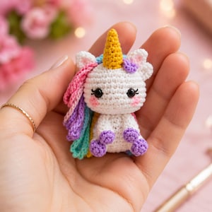 Puede incluir: Una pequeña figura de unicornio tejida a ganchillo con cuerpo blanco, un cuerno amarillo brillante y una melena multicolor de hilo rosa, morado y turquesa. El unicornio tiene ojos de cuentas negras, mejillas rosadas y pezuñas moradas.