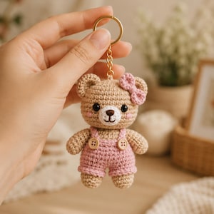 May include: A crochet bear keychain featuring a light brown bear wearing pink overalls with two small wooden buttons and a matching pink bow on its ear. The bear has black bead eyes, a stitched brown nose, and pink blush on its cheeks.
