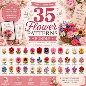 Puede incluir: Un paquete digital de 35 patrones de flores a ganchillo con instrucciones paso a paso, fotos claras y diagramas. La imagen muestra una cesta de flores tejidas de colores y una cuadrícula numerada que exhibe 35 diseños florales distintos.