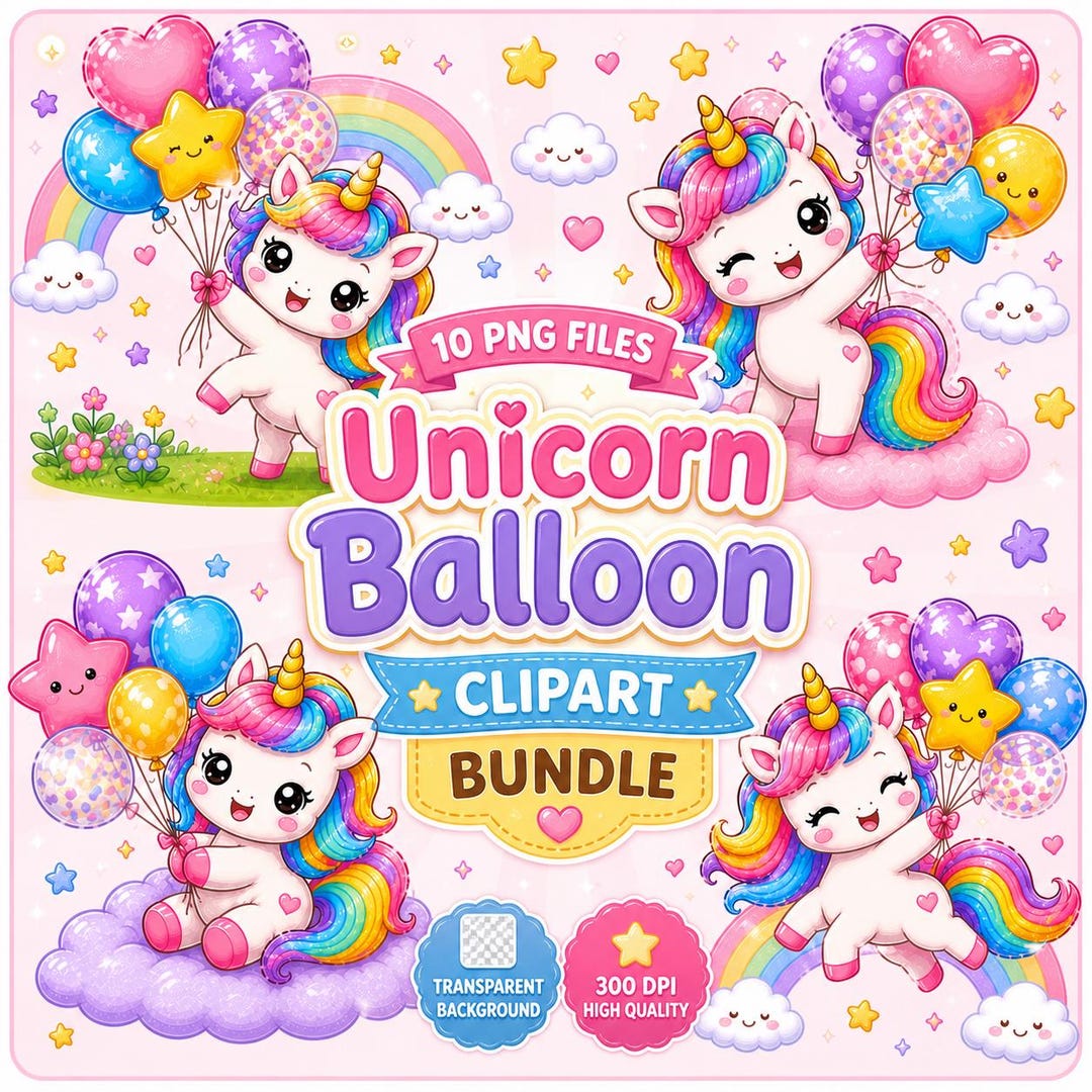 Unicorn Balloon Clipart PNG Bundle, Pastel Birthday Party Graphics ...
