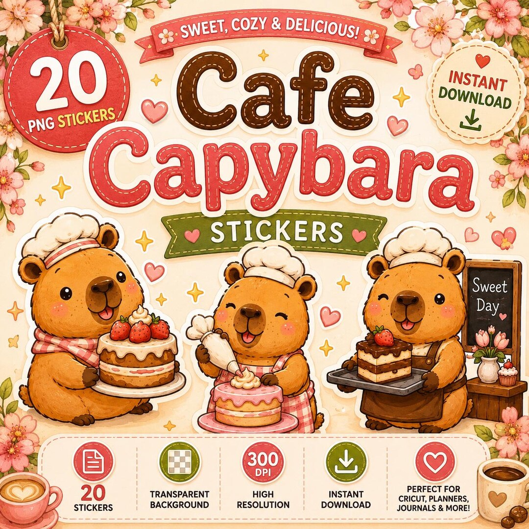 Cafe Capybara Stickers PNG Bundle, Cute Bakery Capybara Clipart, Kawaii ...