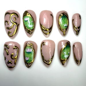 Elegant Swan & Waterlily Press On Nails | Handmade Gold Detailed Nails