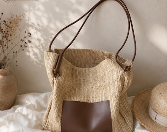 Borsa tote in paglia da donna, borsa a tracolla estiva da spiaggia con pochette interna organizer.