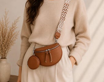 Riñonera de piel auténtica para mujer, bandolera, bolso de hombro con cinturón ajustable.