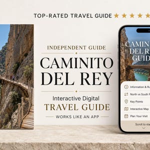 Può includere: Una guida turistica indipendente per Caminito Del Rey, mostrata come libro e su smartphone. La guida include una mappa interattiva e informazioni sui percorsi Nord e Sud. L'immagine mostra un ponte su un fiume turchese.