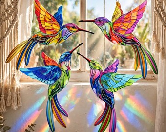 4-Pack Hand-Painted Rainbow Hummingbird Wall Art – Wrought Iron, Indoor Outdoor Decor