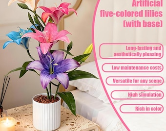 Multicolor Artificial Lily Arrangement with Base | Realistic Faux Flowers, Table Centerpiece Home Decor