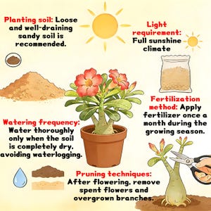 May include: An illustrated guide for plant care. The image shows a potted plant with red and orange flowers, surrounded by text describing soil, light, watering, fertilization, and pruning techniques. A sun graphic is also included.