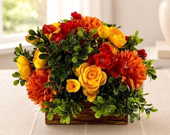 Rustic Autumn Floral Centerpiece, Orange Yellow Faux Flowers, Farmhouse Thanksgiving Decor