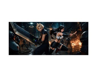 クラウド・ストライフとティファ・ロックハート：ダイナミック・デュオ - ファイナルファンタジー7にインスパイアされたマット仕上げの横長アートプリント（枠なし）