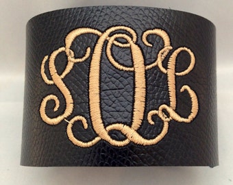 Black Leather Cuff Bracelet,Black Leather Monogrammed bracelet