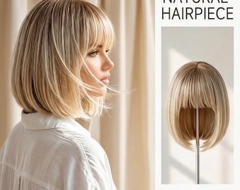 Peluca bob rubia ceniza con flequillo - Peluca corta lisa con raíces oscuras, cabello sintético resistente al calor de aspecto natural para uso diario.