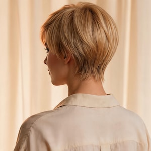 Peluca rubia texturizada estilo pixie - Peluca sintética corta y despeinada con capas, resistente al calor, color rubio ceniza natural para mujer.