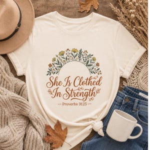 Op de afbeelding: Een crèmekleurig T-shirt met korte mouwen voorzien van een florale halve cirkel graphic boven de bruine cursieve tekst "She Is Clothed In Strength" en de kleinere gedrukte tekst "Proverbs 31:25" gecentreerd op de voorzijde van het kledingstuk.