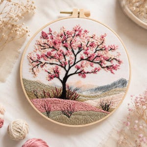 Può includere: Un telaio da ricamo circolare in legno contenente un pannello in tessuto con un paesaggio cucito a mano. Il design presenta un grande albero con fiori rosa e bianchi, un tronco nero e un primo piano strutturato di colline rosa e verde salvia.