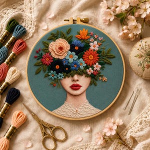 Puede incluir: Un bordado en bastidor que representa el rostro de una mujer adornado con un tocado floral multicolor. El bordado, en tonos rosa, naranja, azul y verde, está sobre un fondo verde azulado dentro de un aro de madera. También se ven hilos de bordar y tijeras doradas.