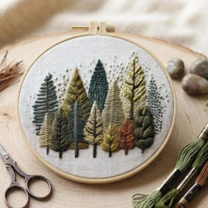 以下が含まれることがあります： 木製のフレームに刺繍された森の風景。さまざまな緑、茶色、オレンジ色の木々が描かれています。刺繍は白い布に施され、フレームは明るい色の木材でできています。ハサミと刺繍糸が見えます。