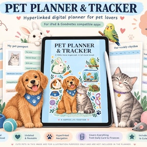 May include: A digital pet planner and tracker displayed on a tablet, featuring illustrations of a golden retriever, a tabby cat, a rabbit, and a parakeet. The planner includes 44 pages, 16 PNG stickers, and sections for pet passports, care hubs, and vet visit records.